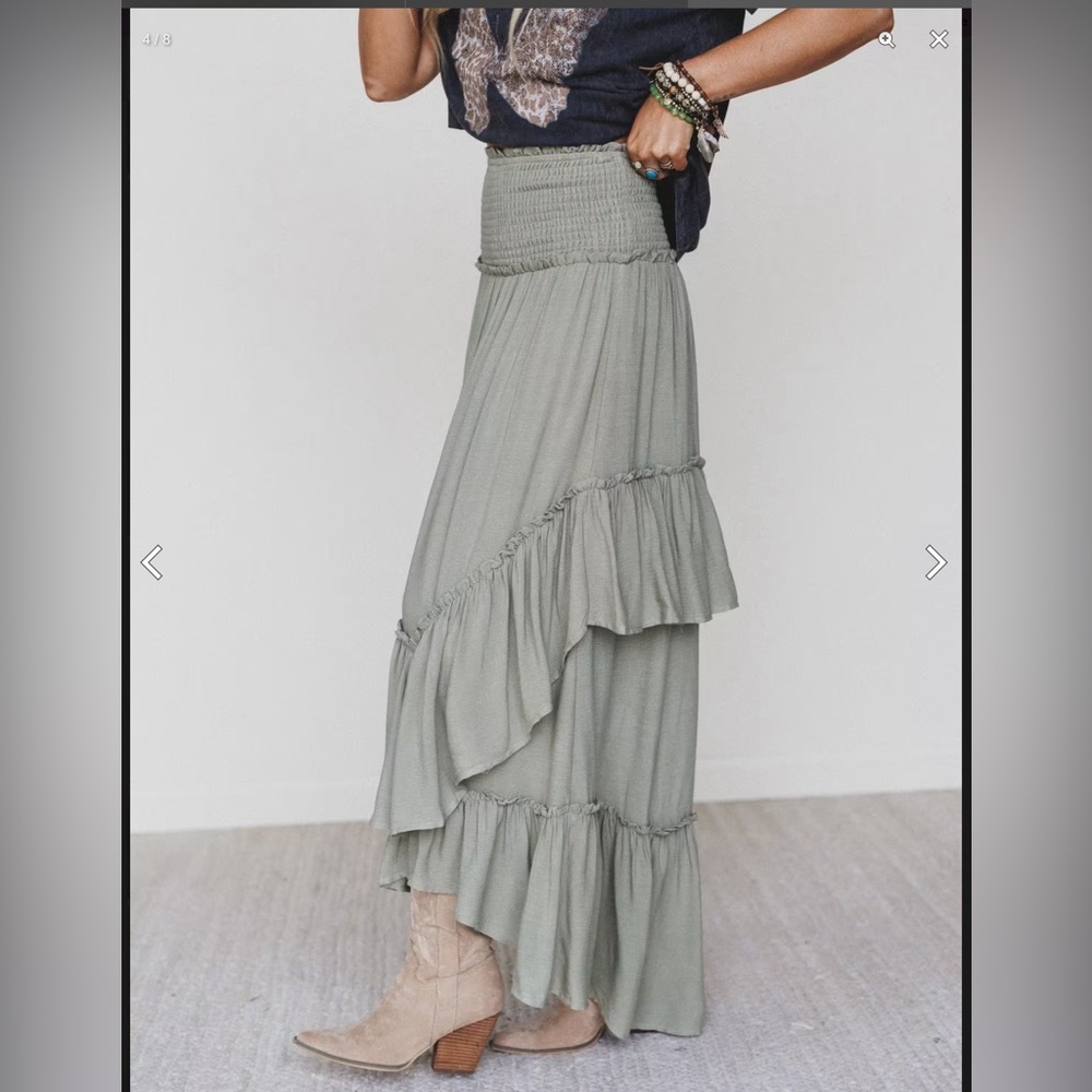 THREE BIRD NEST WASHED ASHORE RUFFLED MAXI SKIRT NWT OLIVE LARGE